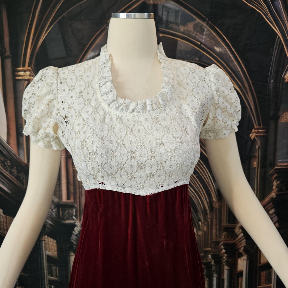 Vintage 70s Empire Waist Maxi Dress Red Velvet White Lace Regency Core Gown - Picture 4 of 10